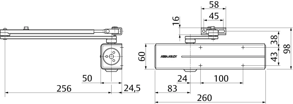 Dveřní zavírač s horní montáží Assa Abloy DC300 EN 3-6 bez ramínka, stříbrný