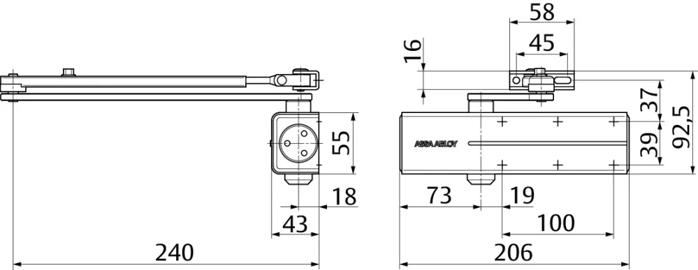 Dveřní zavírač s horní montáží Assa Abloy DC140 EN 2/3/4/5 bez ramínka, stříbrný