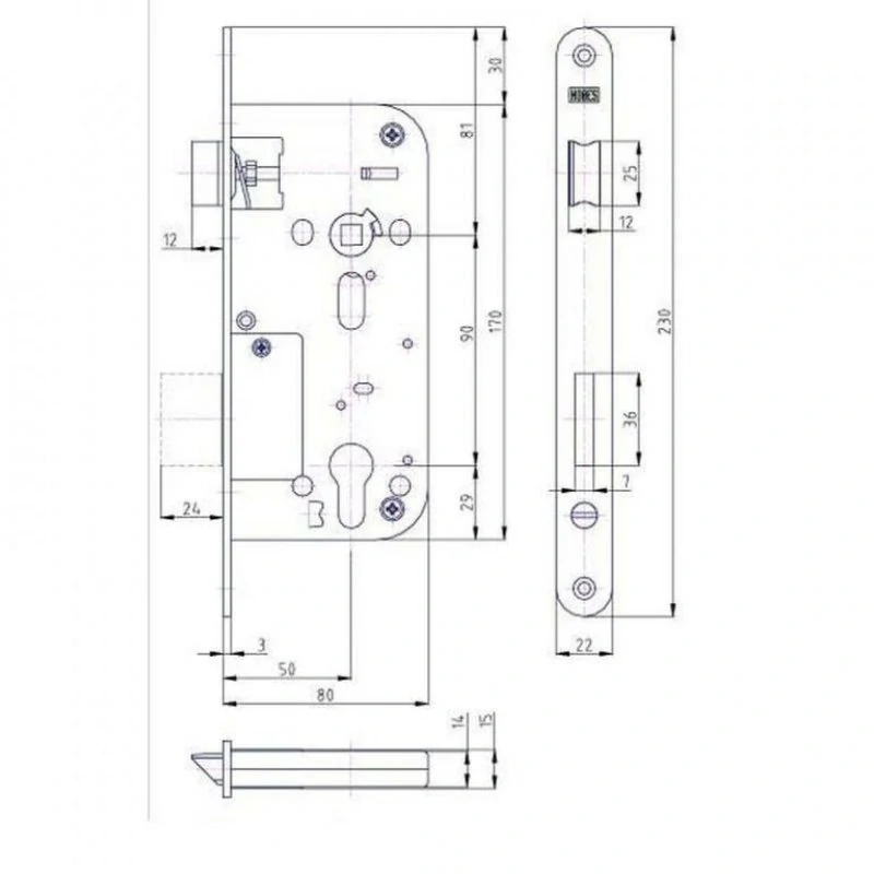Zadlabací zámek HOBES K113 PZ, P/L, 90/80