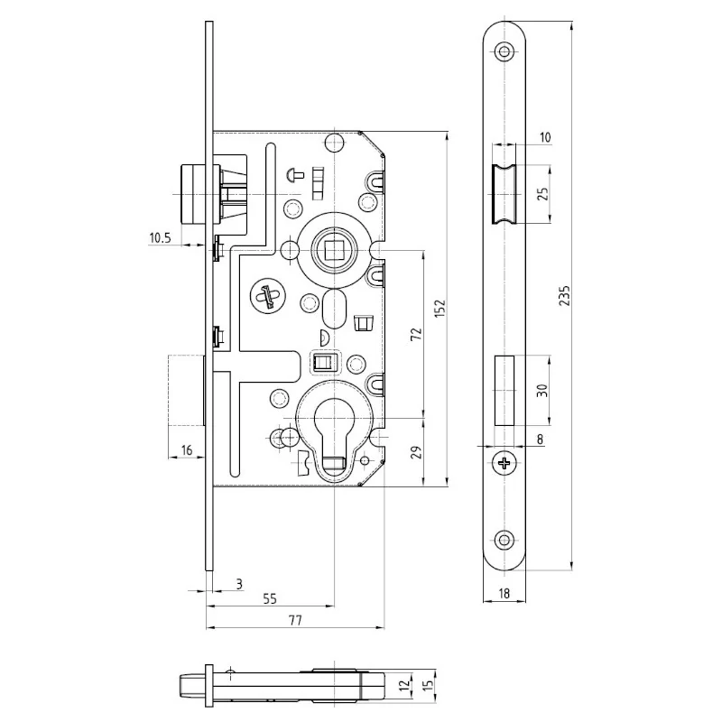 Zadlabací zámek HOBES K341 PZ, P/L, 72/77 mm