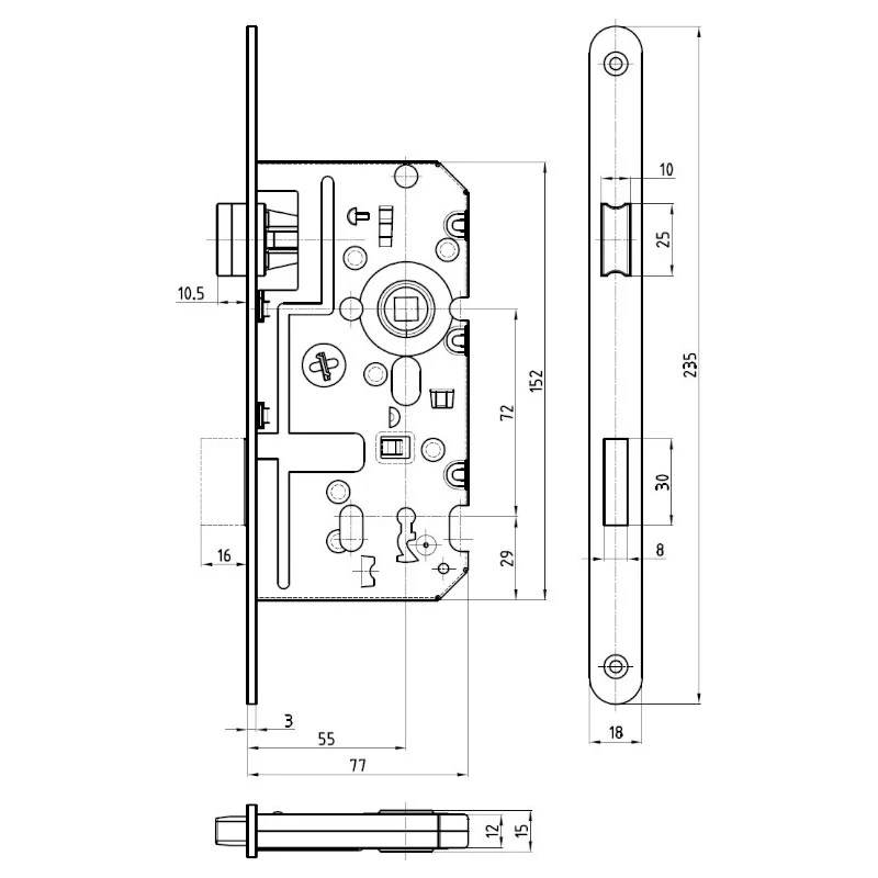 Zadlabací zámek HOBES K340 BB, P/L, 72/77 mm