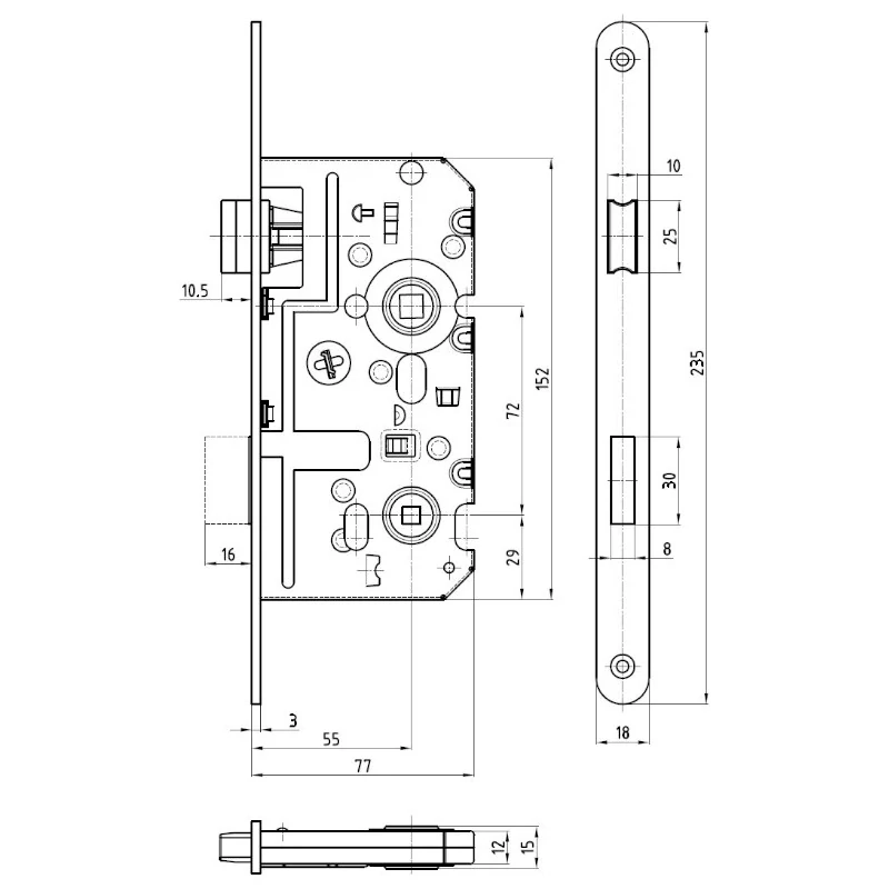 Zadlabací WC zámek HOBES K342 72/77 mm